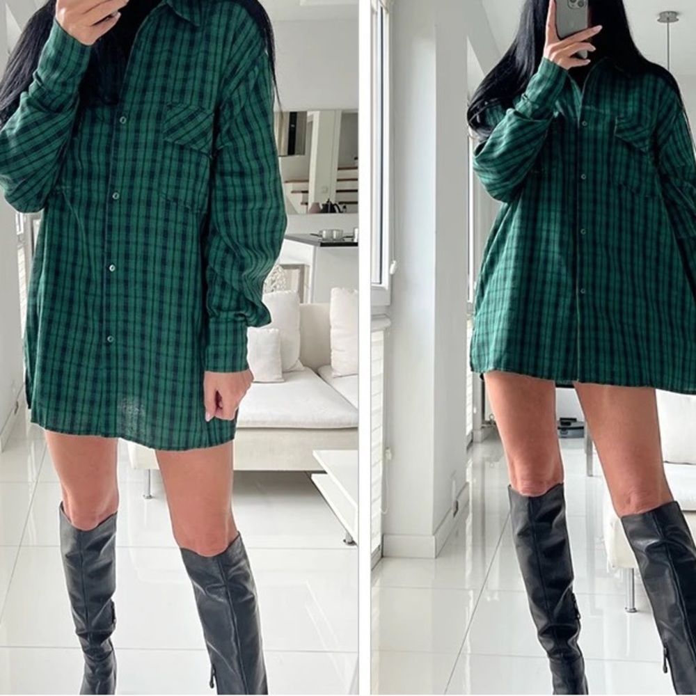NOT IN LIVE SHOW Oversized green Plaid Flannel button Influencer long sleeve 90s - Picture 3 of 10